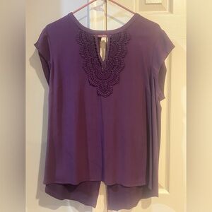 Daniel Rainn Quinn Keyhole Crochet Blouse Deep Purple with Lace Detail